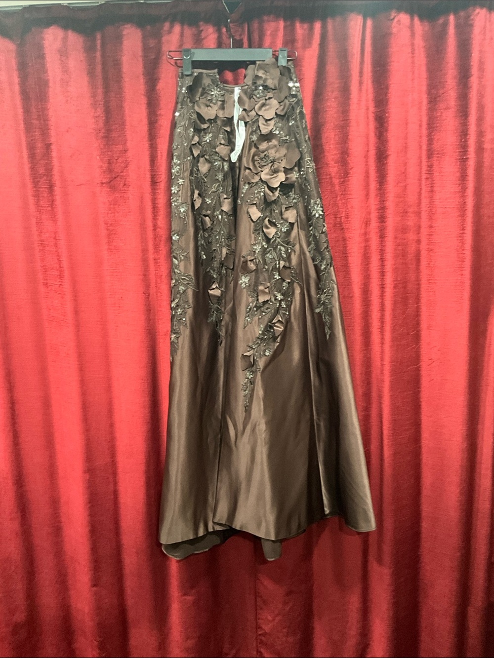 JJ's House Evarose Chocolate One Shoulder Overskirt Satin Maxi Dress - Size 4 - Picture 5 of 6